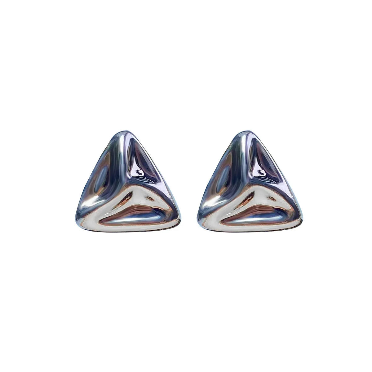 Minimalist alloy triangle earrings set with two styles in silver finish on a neutral background