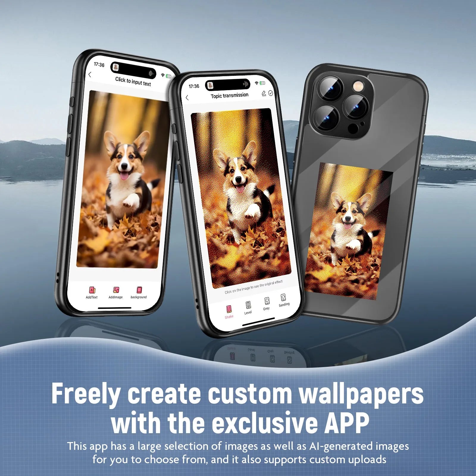 Black iPhone 15 Pro flip case with NFC ink screen for custom DIY designs