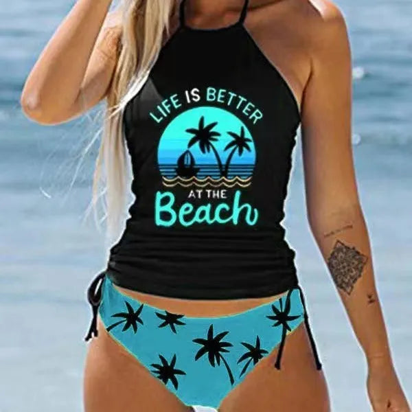 Conservative women's swimsuit with split colourful print design and cartoon patterns