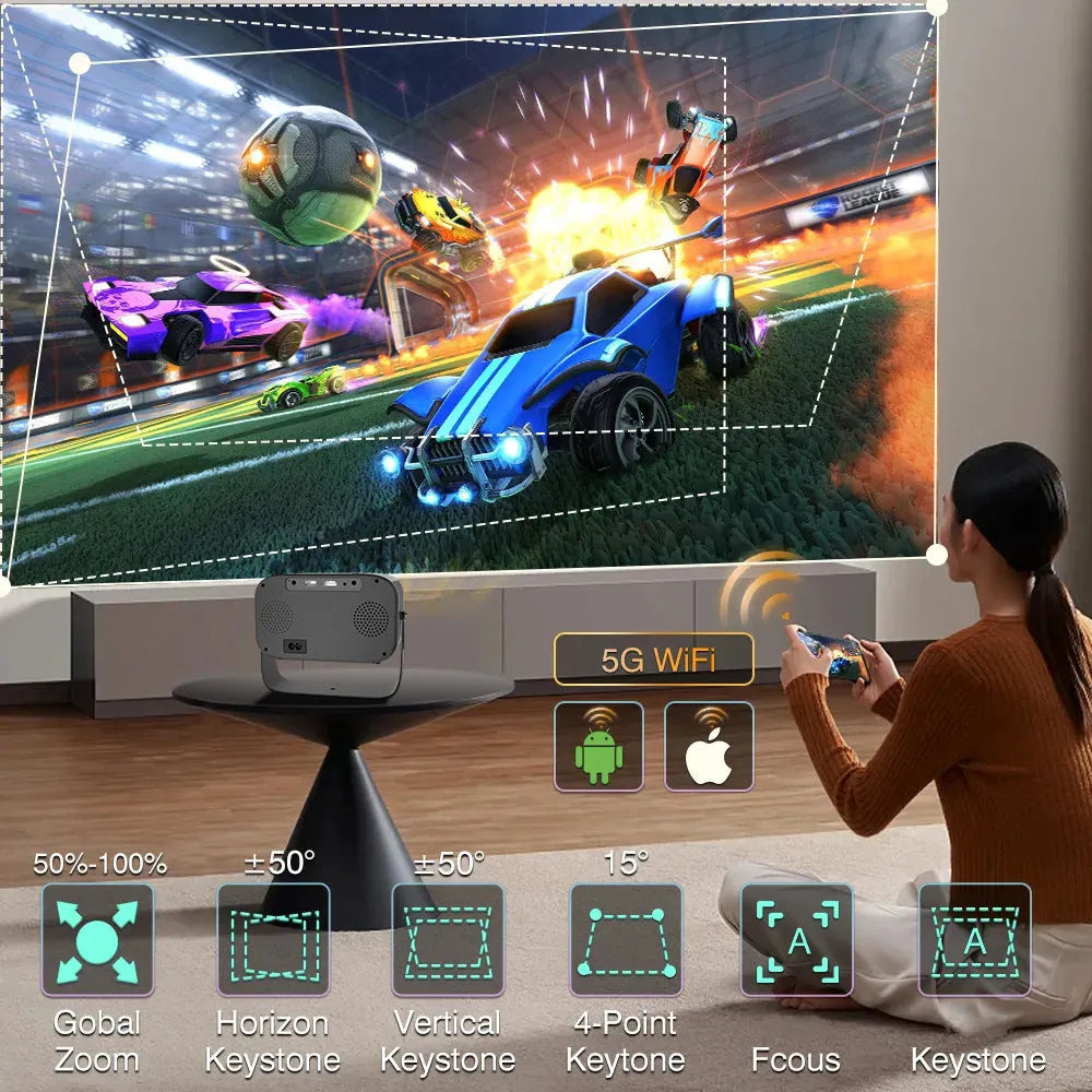 Black portable HD projector with remote control on desk