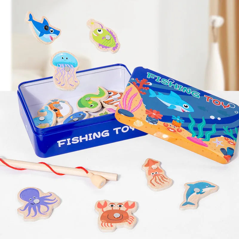 Children's magnetic fishing toy wooden set with 20 fish and 1 rod in iron box for infants