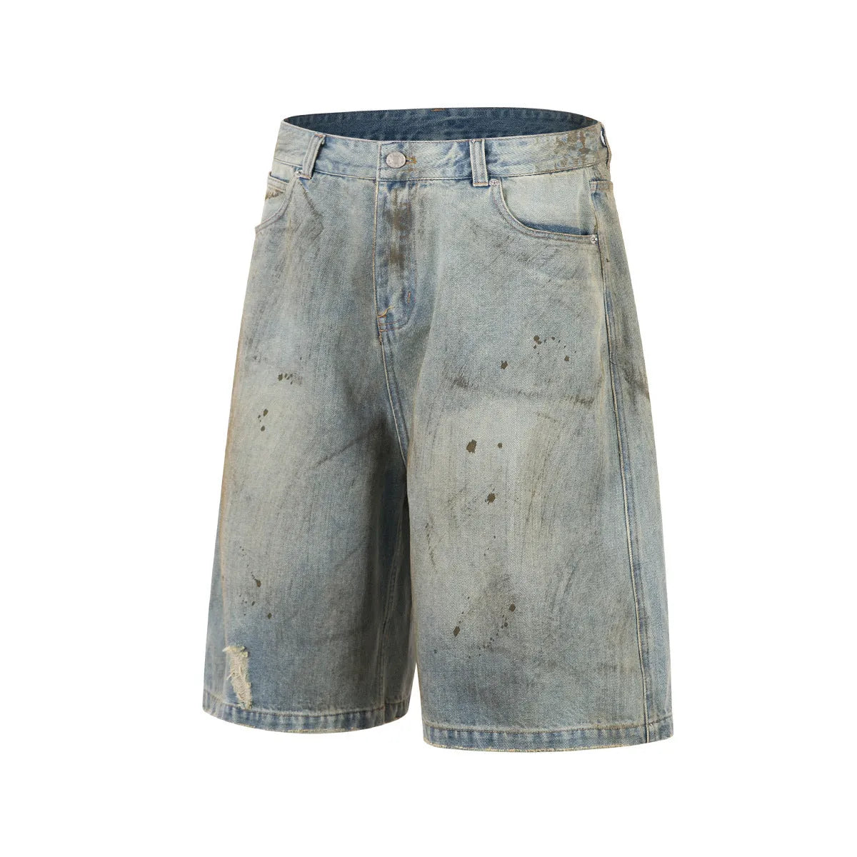 Blue washed straight-leg cropped denim jeans with zipper fly on mannequin