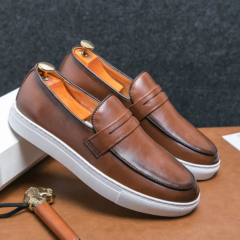 Plus size men's board shoes in black with round toe, flat heel, and artificial PU upper
