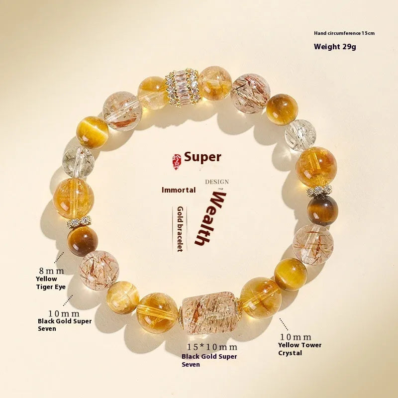 Natural crystal string bracelet with hand-beaded Duobao designs including black gold Super Seven style for women