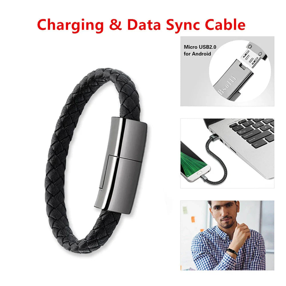 Stylish leather bracelet charging cable for iPhone, Android, and USB-C devices in various colors and sizes