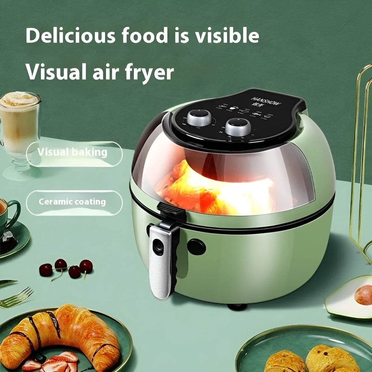 8 litre air fryer oven with visible window and mechanical buttons on countertop