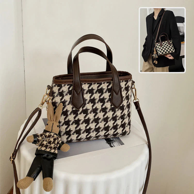 Stylish houndstooth shoulder bags in various colors, featuring a spacious square shape, adjustable strap, and classic checkerboard pattern.