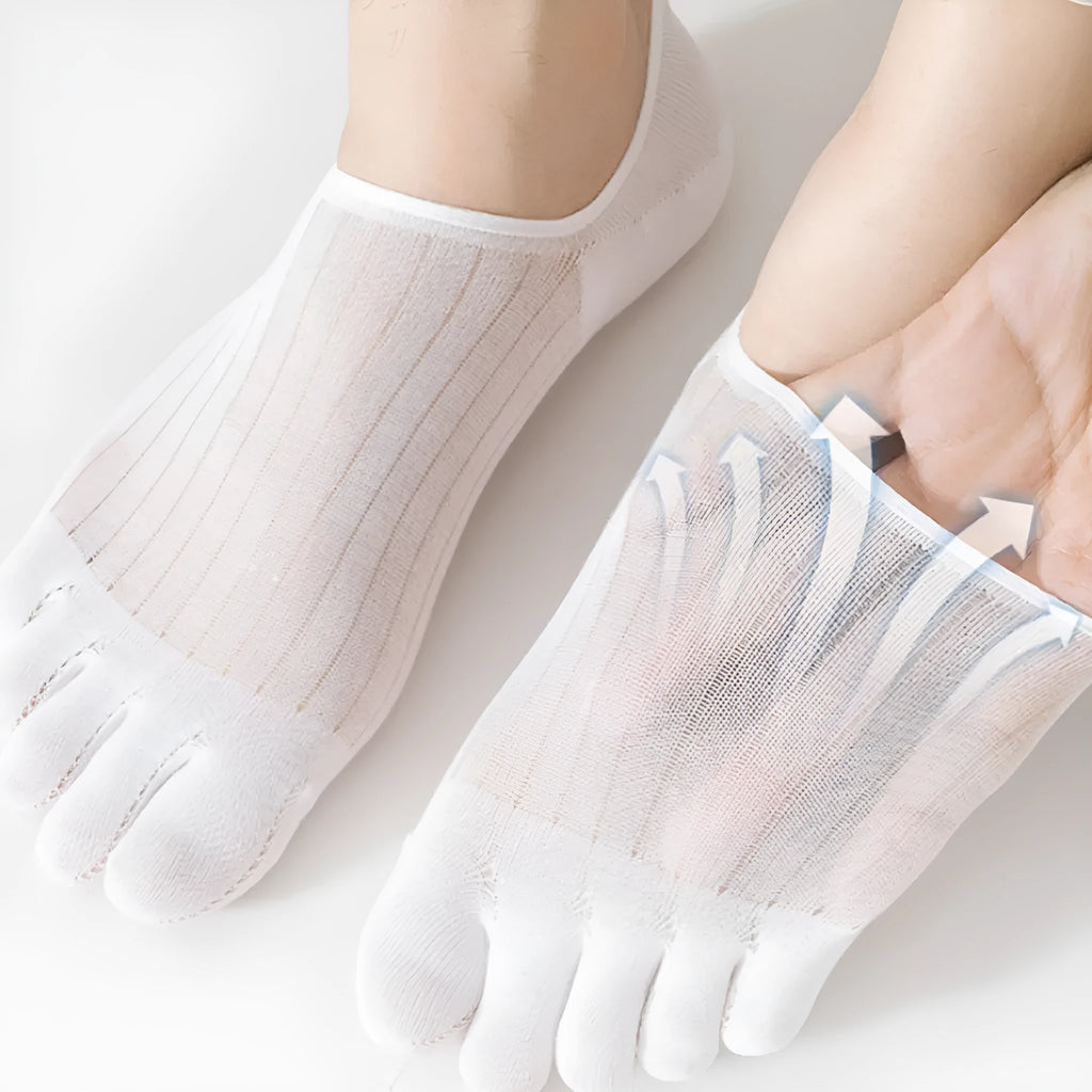 Modal cotton five-finger boat socks in black, shown as a pair laid flat to detail the individual toe design.