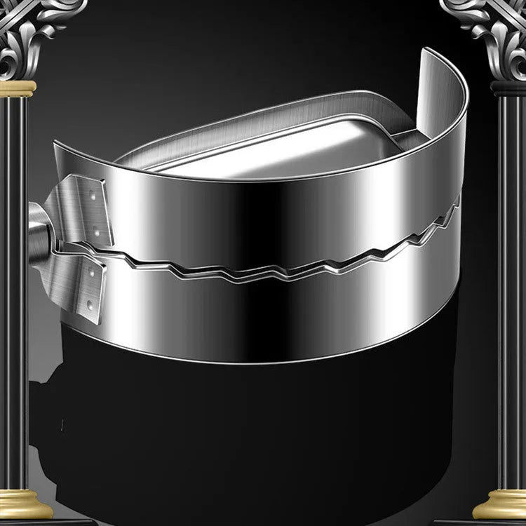 Silver stainless steel manual dumpling maker tool for pressing homemade dumplings.