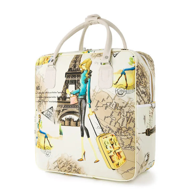 Medium square vertical travel handbag in PU leather with three-dimensional pockets and a soft handle.