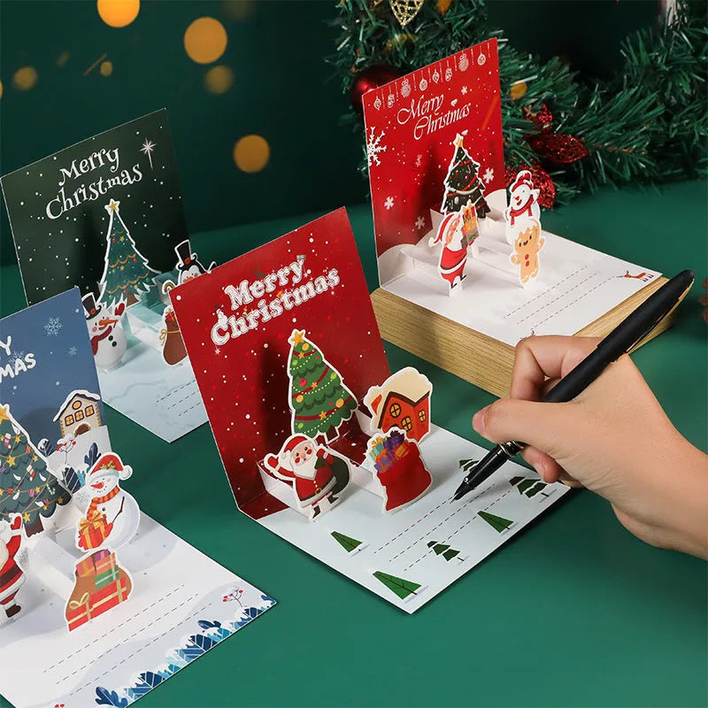 Three-dimensional blessing greeting card in fresh style with handmade cardboard construction, shown in cyan colour