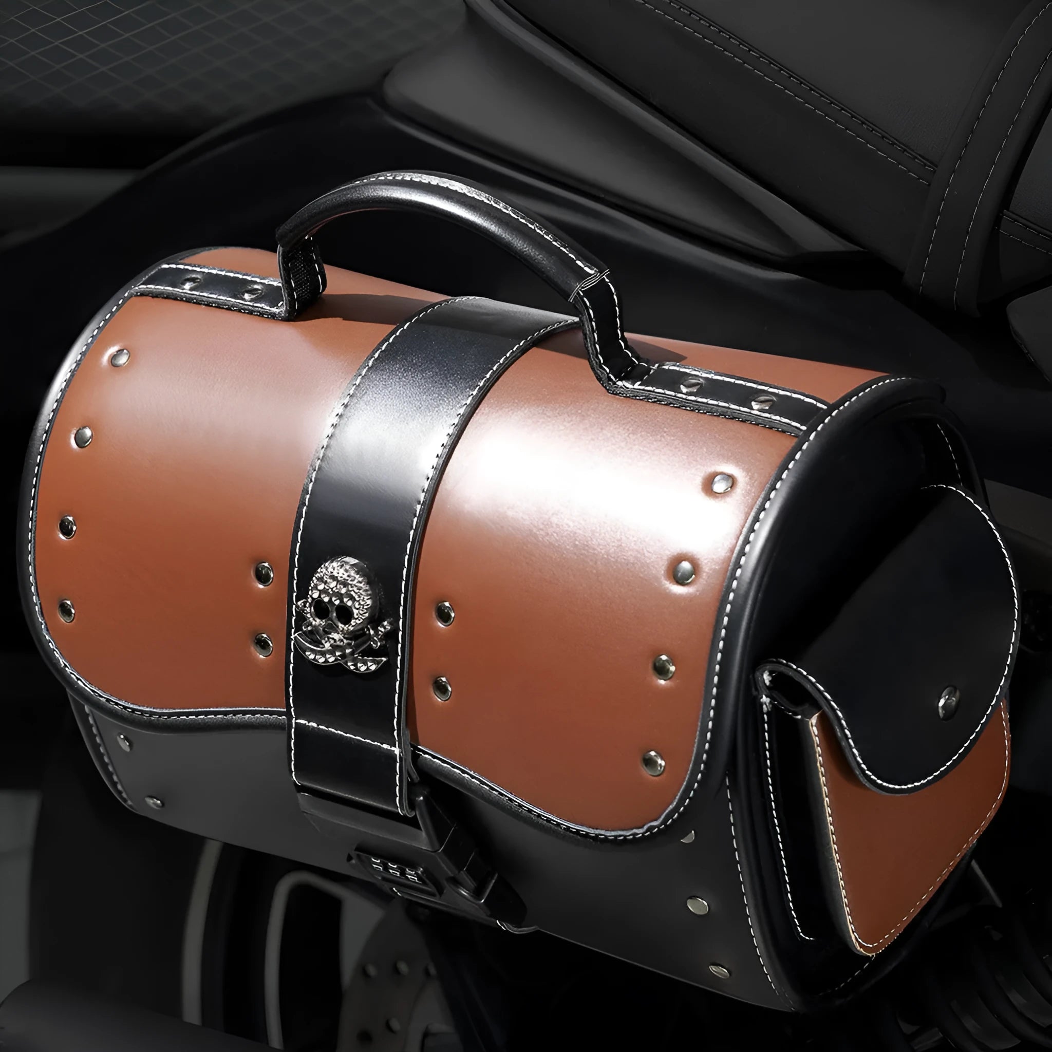 PU leather motorcycle front bag with colour contrast patchwork design, model FBG397BK