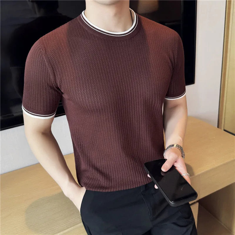 Men's round neck contrast colour stretch knitted t-shirt, short sleeve summer top in white, black or brown