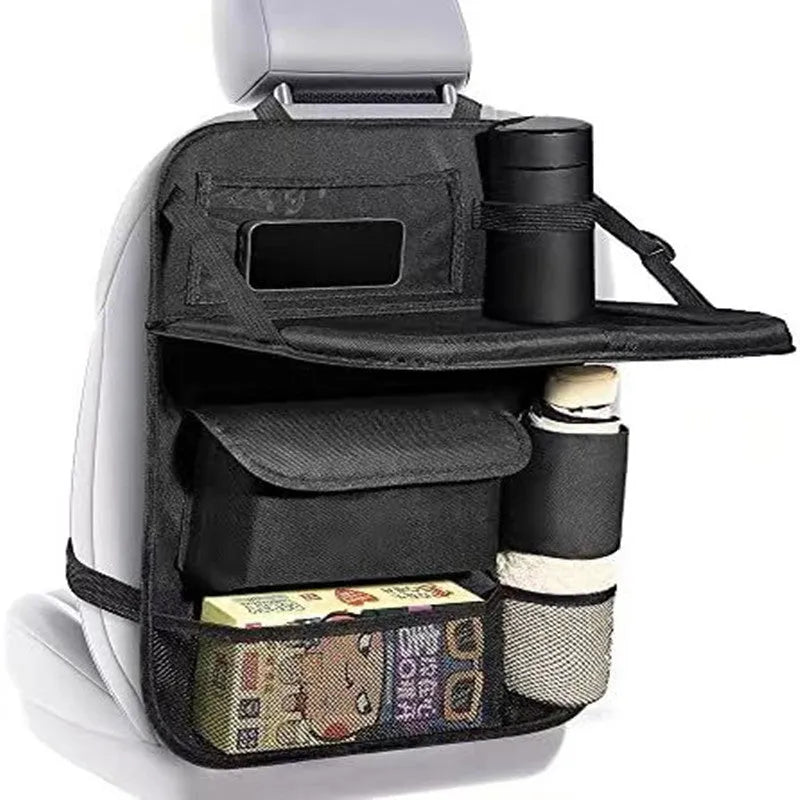 Black oxford cloth car seat buggy organiser bag hanging from vehicle seat showing 42x30cm dimensions