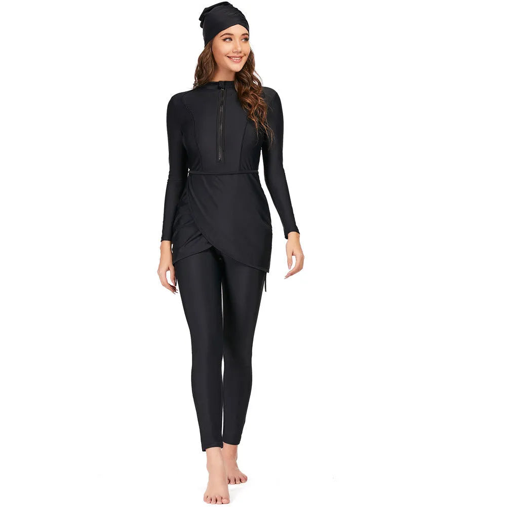 Black conservative Muslim swimsuit for ladies with quick-drying lining in S to 4XL sizing