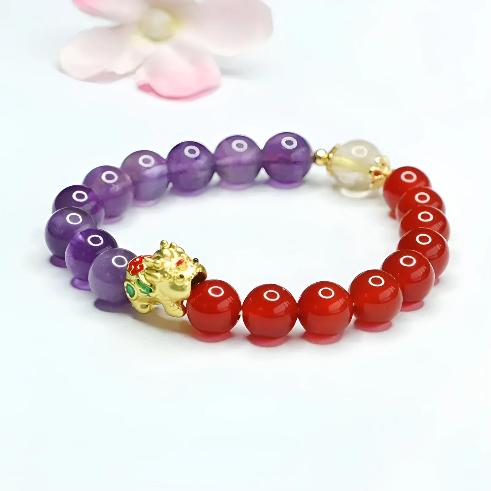 Chinese style women's bracelet with natural amethyst crystals and red agate stones, 8mm bead diameter