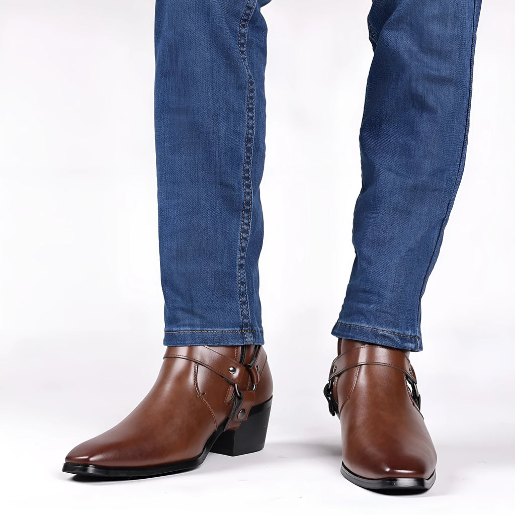 Black wild style unisex chain boots with side zipper and chunky horseshoe heel.