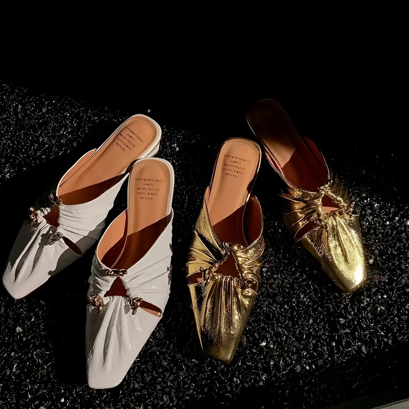 Genuine leather women's square toe slippers in beige, low heel, shown from side.