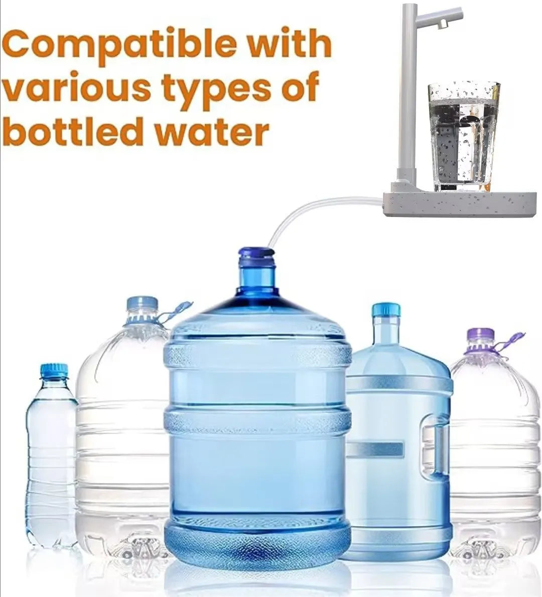 White and blue automatic desktop water dispenser pump with stand and extension pipe.