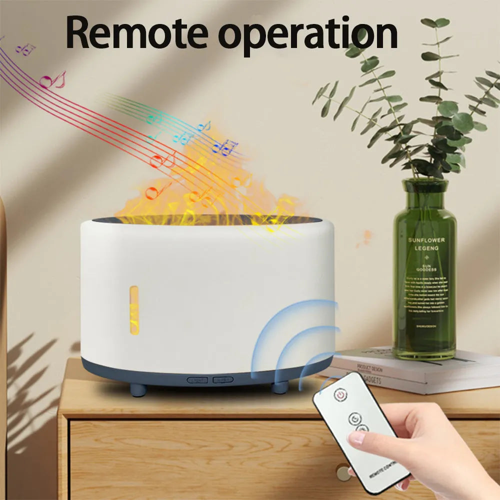 A Bluetooth-controlled flame humidifier and aromatherapy diffuser unit with an LED flame light and 150ml tank.