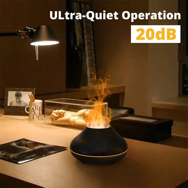 Beige USB aroma diffuser with flame-effect mist and colour-changing night light on a wooden table.