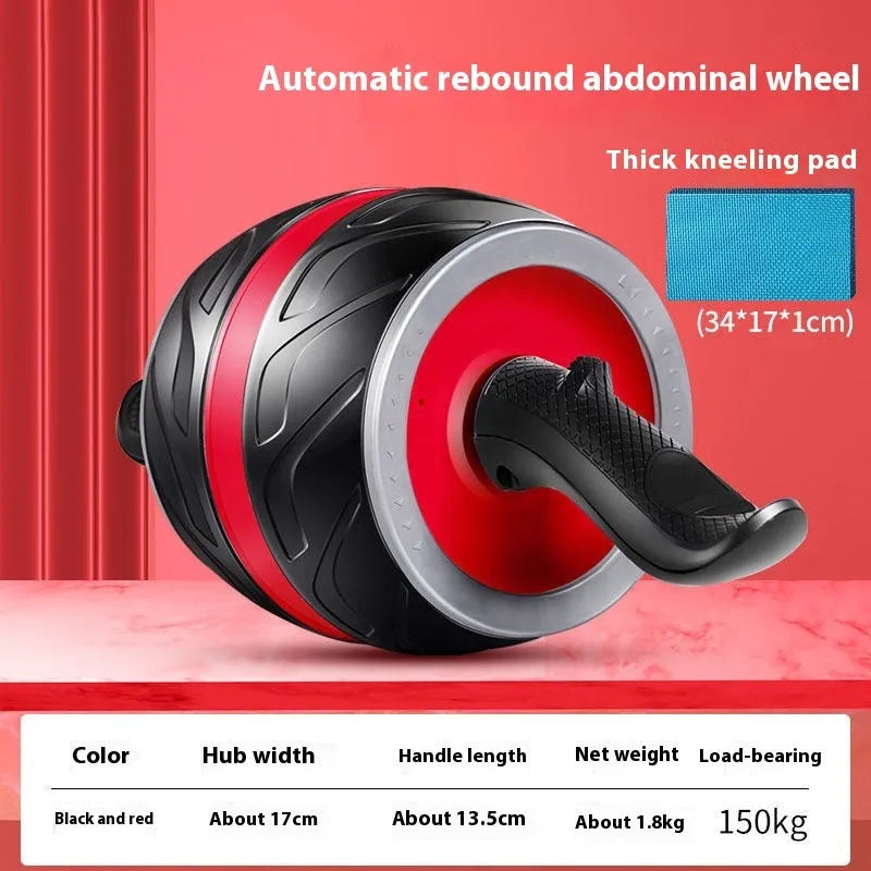 Orange four-wheel abdominal roller with elbow support pads and automatic rebound mechanism.