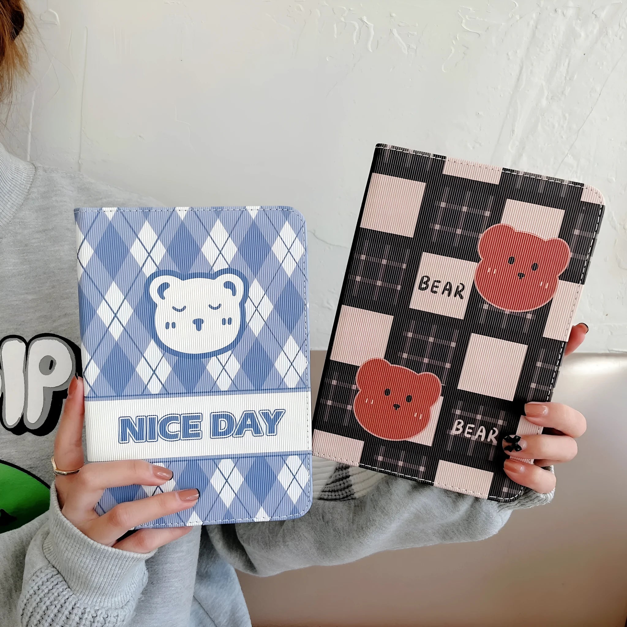 Cartoon protective flat case for iPad with black and brown plaid bear design, flip cover, silicone and TPU construction