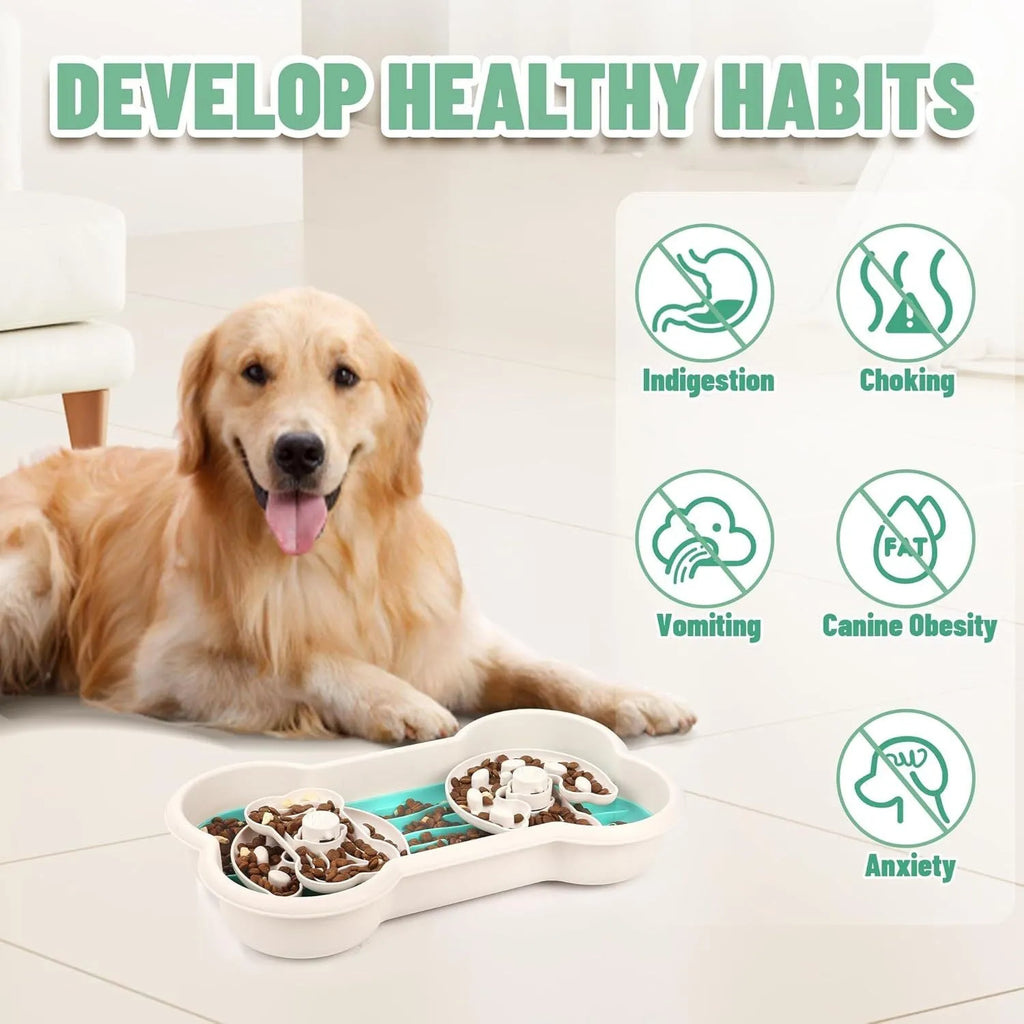 Green slow feeder dog bowl with three removable trays showing wave and groove patterns for large dogs.