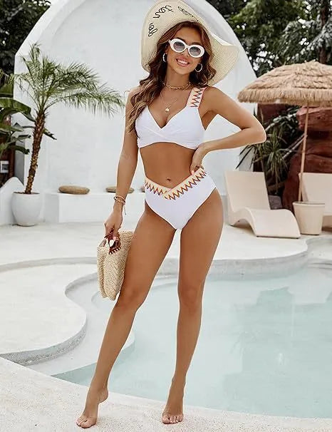 Black women's lace-up bikini set with high-waisted bottoms on a mannequin