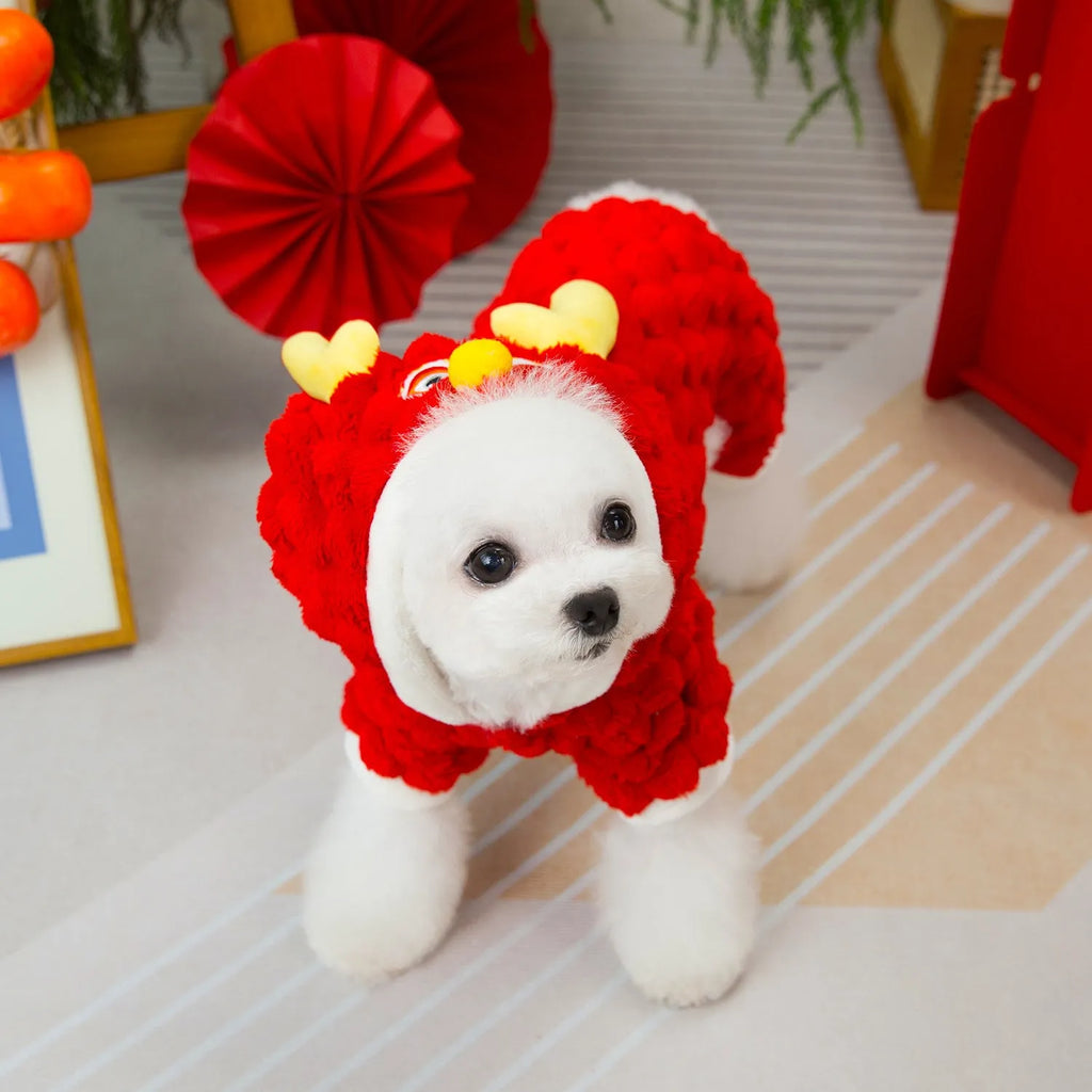 Red Little Dragon cartoon design fluffy velvet jacket for a dog or cat.