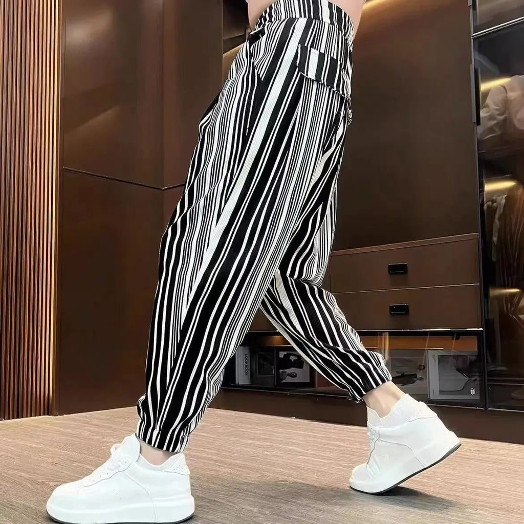 Men's striped casual trousers with ankle tie fastening in cropped ice silk design