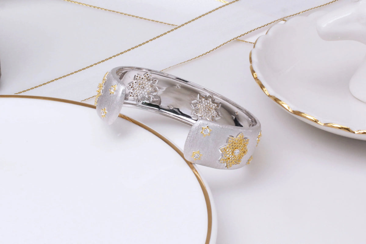 925 silver gold plated divided snowflake open cuff bracelet 18mm wide adjustable