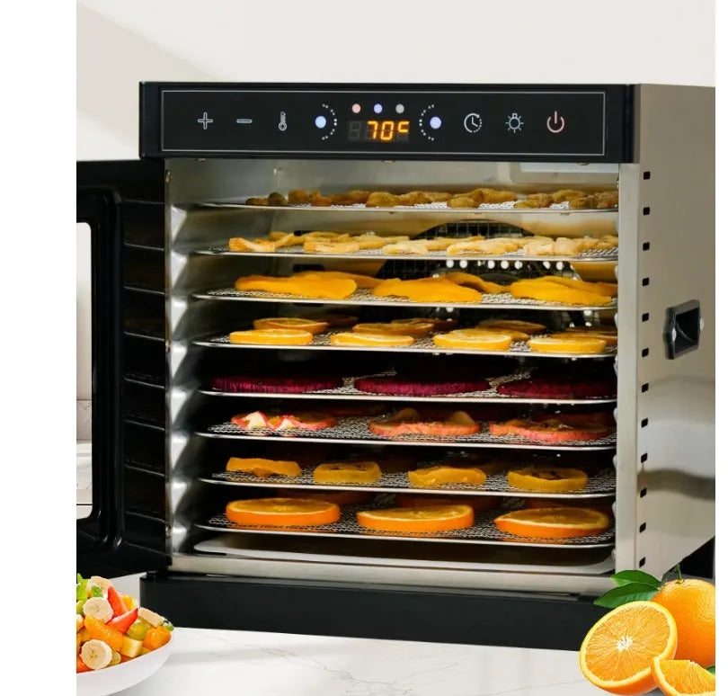 Stainless steel fruit dehydrator appliance with a visual skylight lid and multiple drying trays