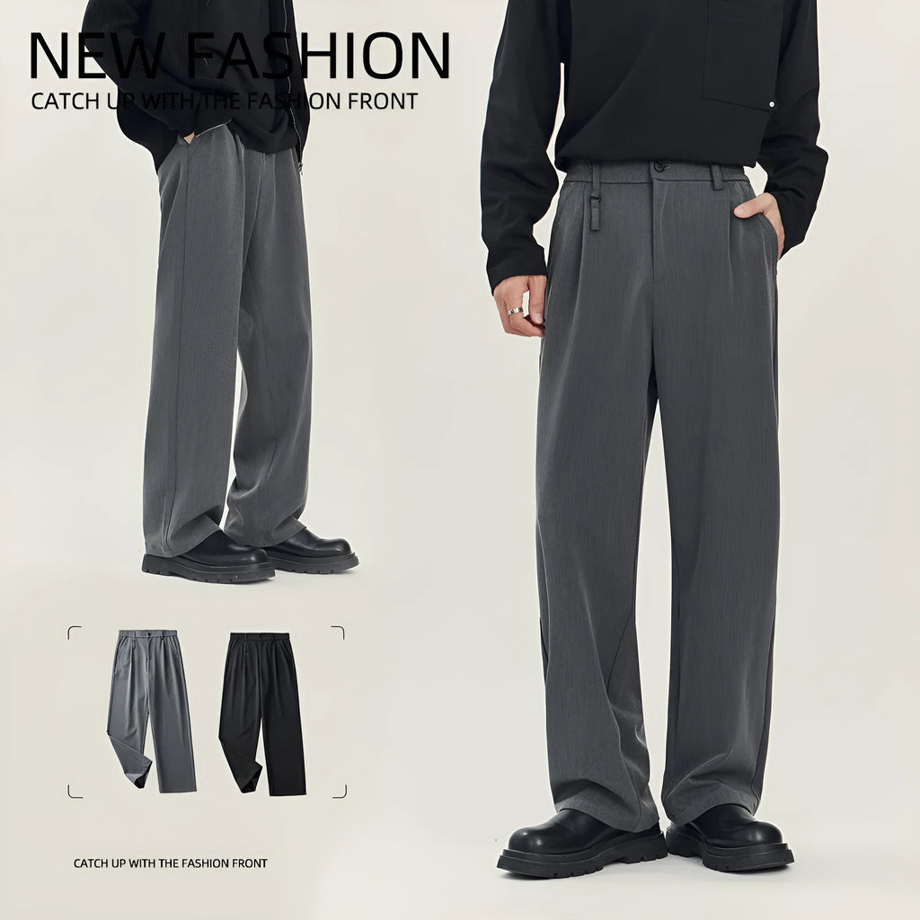 Black drape-effect loose straight-leg business casual trousers on a hanger.