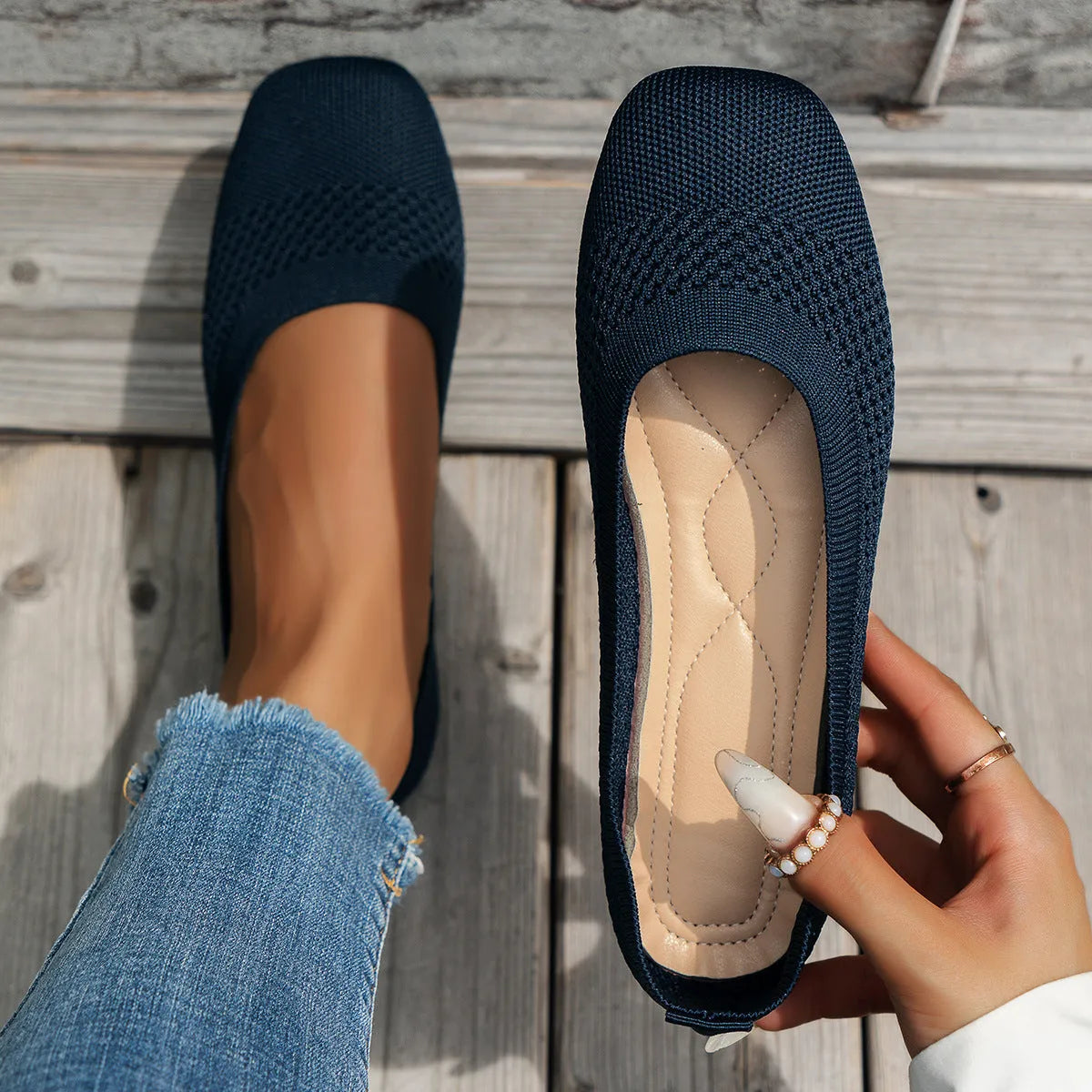 Large size women's mesh breathable flat pumps in black, beige, dark blue, or light blue, sizes 36-43