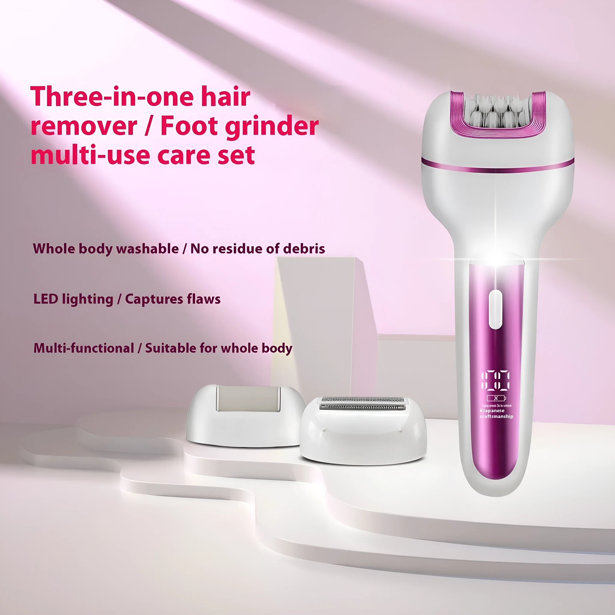 Pink three-in-one ladies electric depilator set with USB cable, shaver head, plucking head, foot grinder, and cleaning brush on a white background