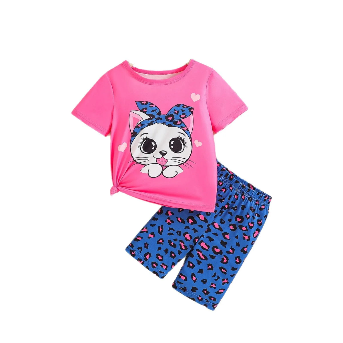 Girls dark pink cotton two-piece summer set with kitty patch, short sleeve top and shorts, sizes 4Y-7Y.