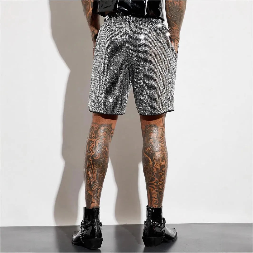 Men's silver sequins straight shorts with elastic waistband on cotton blend fabric