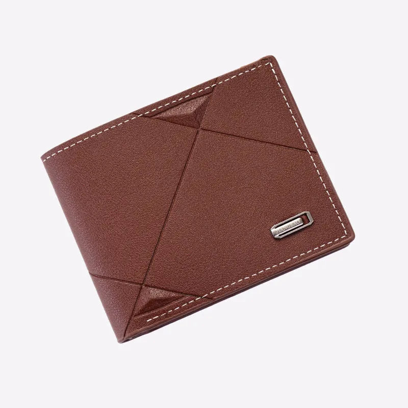 Men's black three-fold PU leather wallet open to show multiple short card slots.