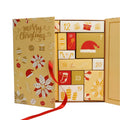 Yellow countdown calendar Christmas gift box with double doors and oil painting style finish on a shelf