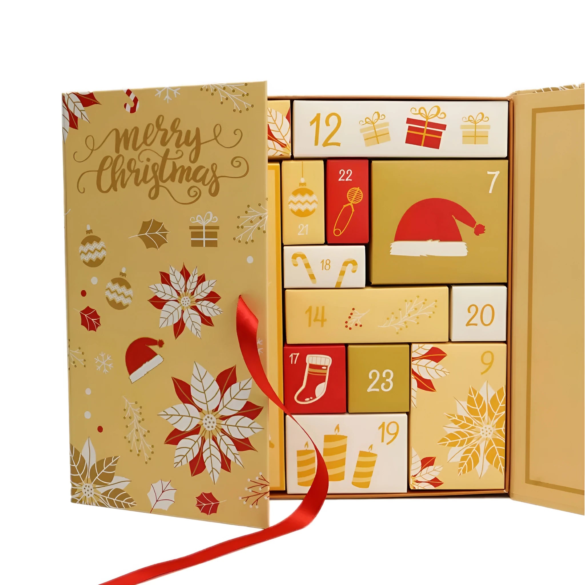 Yellow countdown calendar Christmas gift box with double doors and oil painting style finish on a shelf