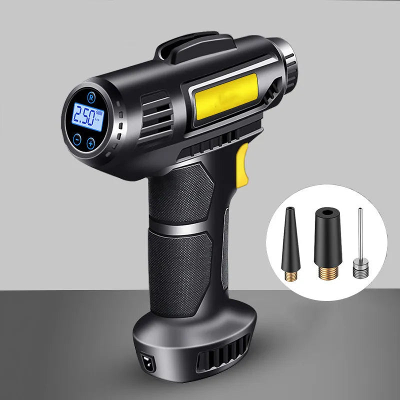 Wireless digital display car and bicycle tyre inflator with charging cable