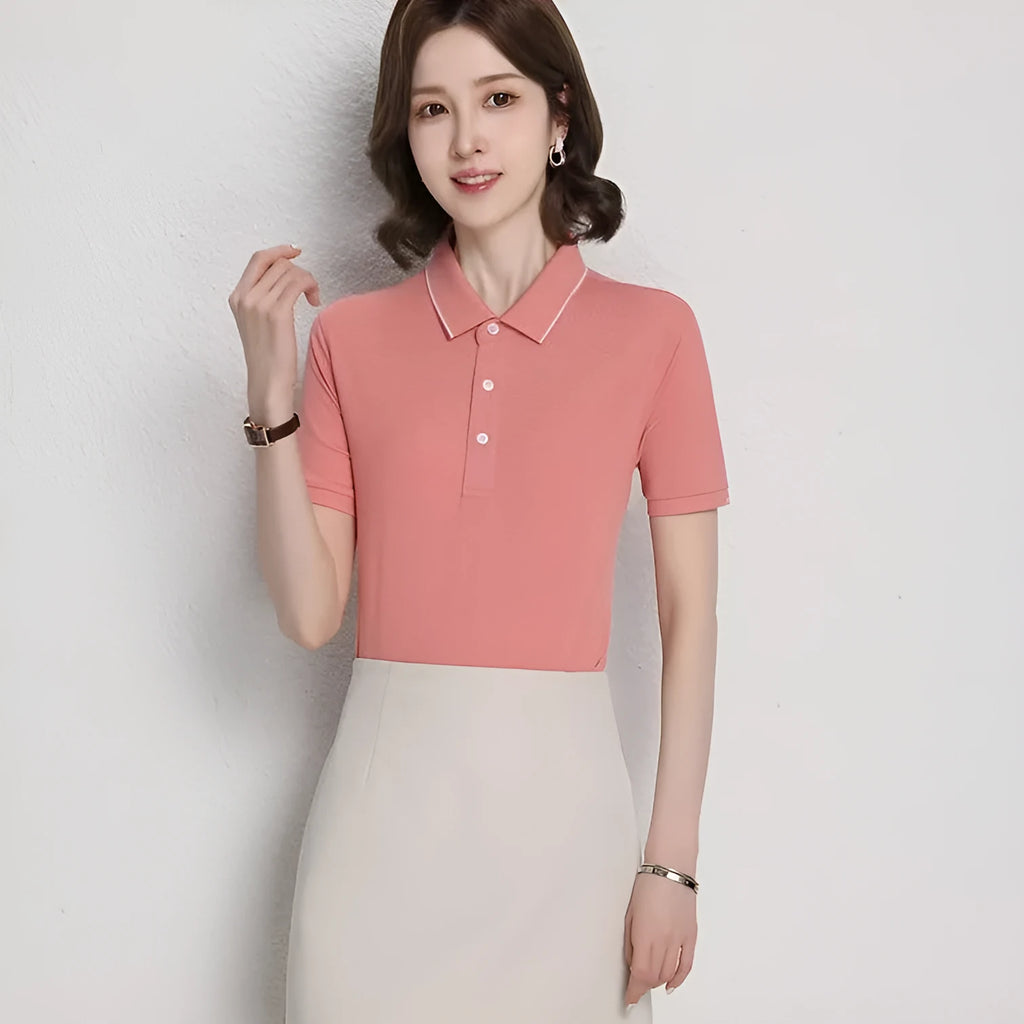 Men's loose fit cotton blend short sleeve polo shirt with a secondary collar lapel.