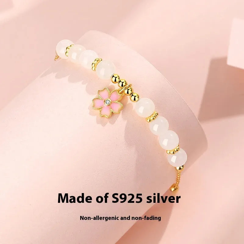 Pink S925 silver bracelet with gradient epoxy cherry blossom pendant and Hetian jade beads