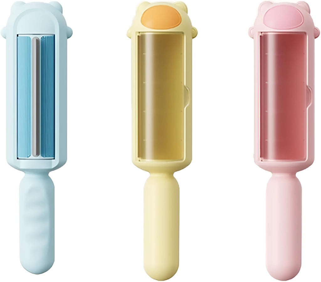 Reusable pet hair remover with self-cleaning base in blue, pink and yellow colours