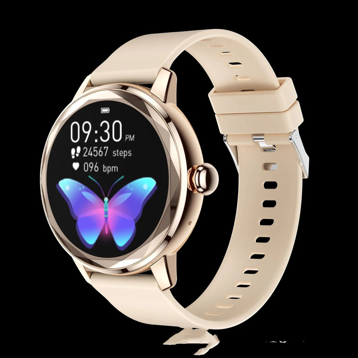 Ladies smart watch in rose red showing heart rate and blood oxygen monitoring on TFT screen