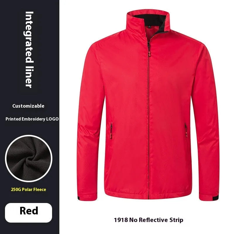 Integrated shell jacket with 250g polar fleece lining, windproof polyester outer in royal blue, black, dark blue or red