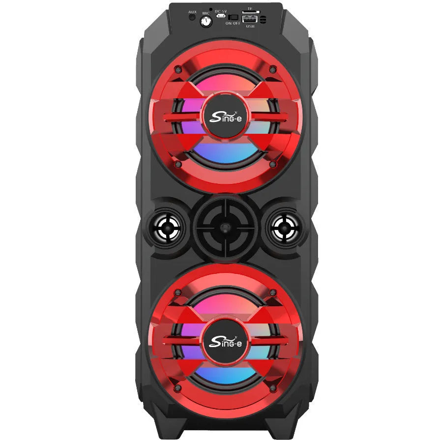 Blue portable Bluetooth speaker with colour LED lights and pull rod handle for carrying