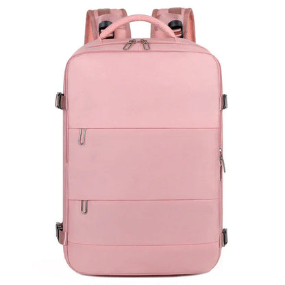 Stylish women's travel backpack with large capacity, separate wet and dry compartments, and a sleek, minimalist design