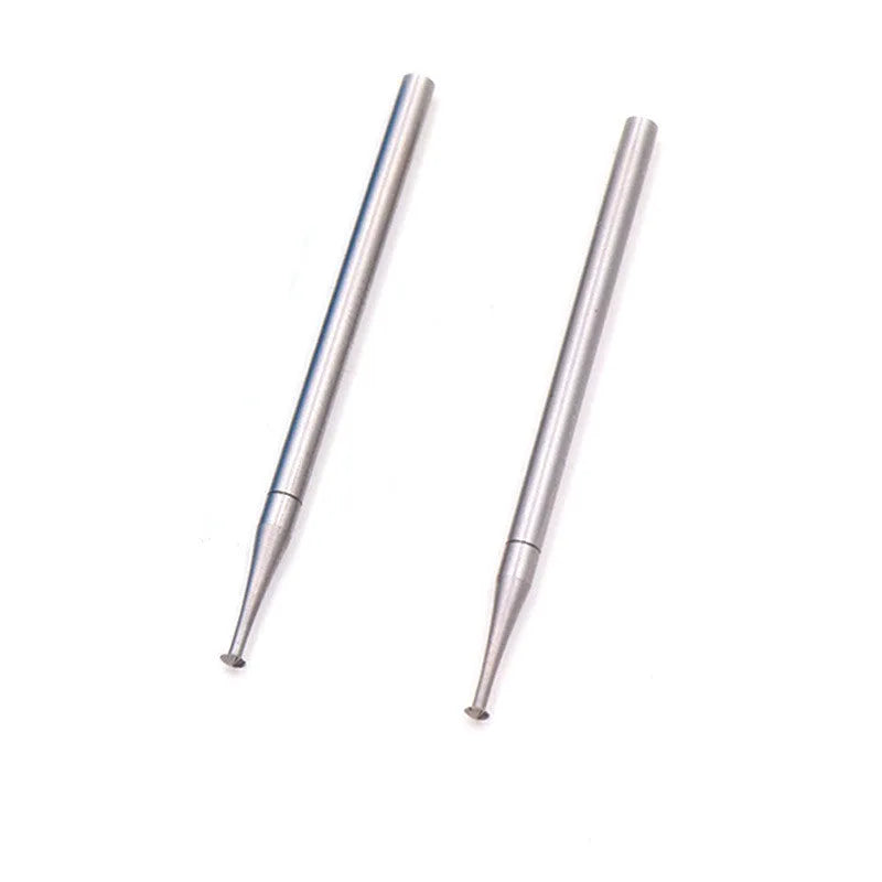 Blue box containing six thin disc needle tungsten steel carving cutters on 2.35mm mandrels, sizes 1.0mm to 2.0mm.
